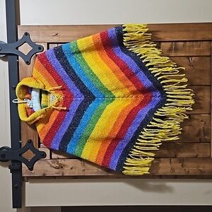 Inka's World Rainbow Striped Wool Cotton Hooded Child's Poncho One Size